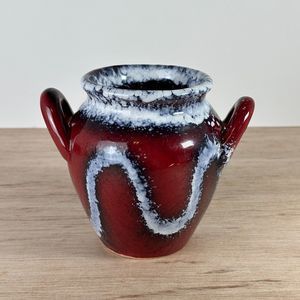 Studio Art Pottery Vase Two Handles Red Navy White Drip Glaze Splatter Squiggly